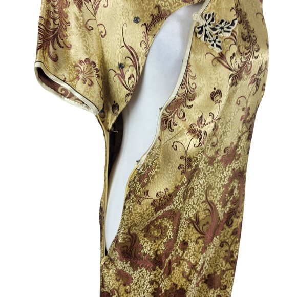 Modern Cheongsam Traditional Gold Brown Embroidery Floral Swirl Dress Korean 38 - Picture 13 of 16